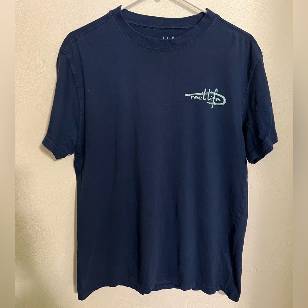 REEL LIFE Classic Printed Graphic Casual Fishing T Shirt Navy Blue Men's Size M